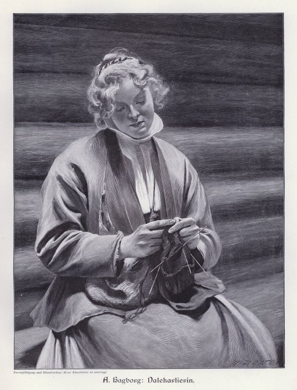 Örgü ören bir kadının portresi (gravür) by August Wilhelm Nikolaus Hagborg