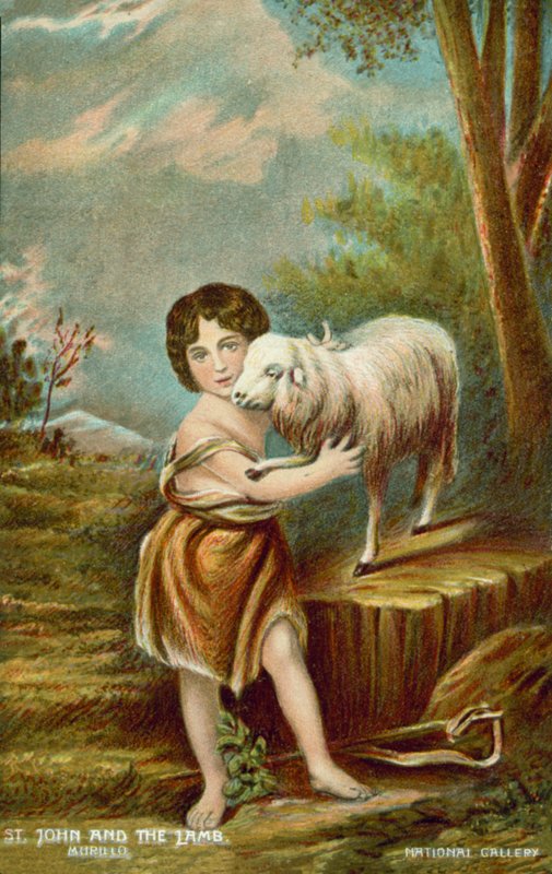 Bebek Vaftizci Yahya ve Kuzu (renkli litho) by Bartolome Esteban (after) Murillo