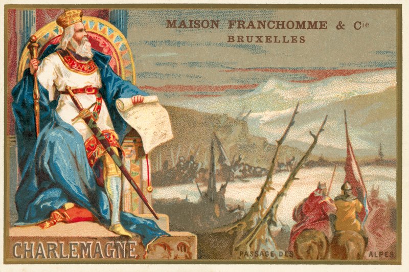 Charlemagne ve Alplerin geçişi (chromolitho) by Belgian School