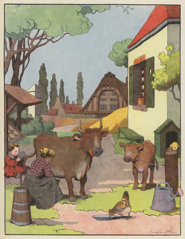 Çiftlik bahçesinde inek sağan kadın by Benjamin Rabier