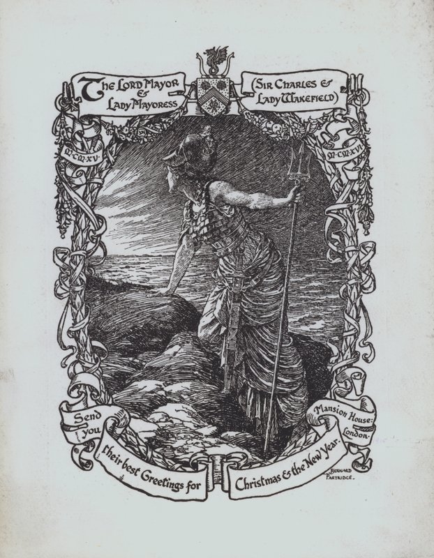 Denize bakan Britannia, Lord Mayor ve Londra'nın Lady Mayoress'inden Birinci Dünya Savaşı Noel tebrik kartı, Sir Charles ve Lady Wakefield by Bernard (after) Partridge