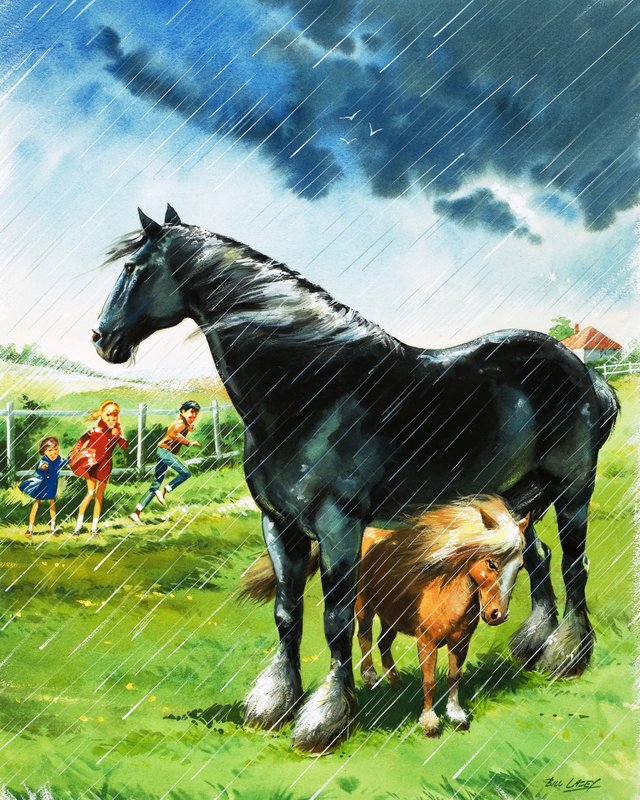 Kötü hava koşullarından başka bir atın altına sığınan tay by Bill Lacey
