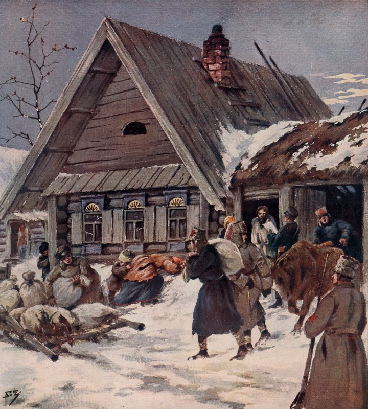 Kızıl Ordu askerleri bir köyde silahlı bir talep yürütüyor, Rus İç Savaşı by Boris Vasilievich Zvorykin