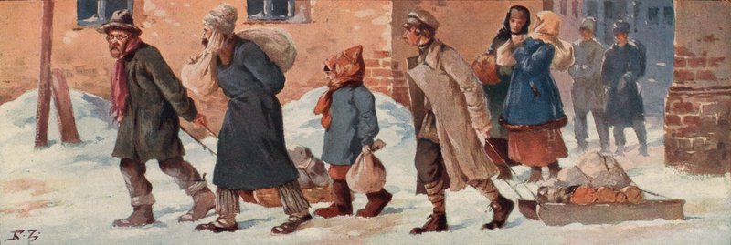 Sovyet işçileri, yiyecek tayınlarıyla ofislerini terk ediyor (renkli lito) by Boris Vasilievich Zvorykin
