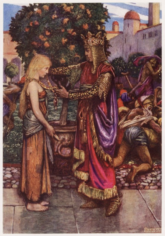 "Kral onu tekrar çağırdı, / Ve ona zincirini verdi" (renkli taş) by Byam (after) Shaw