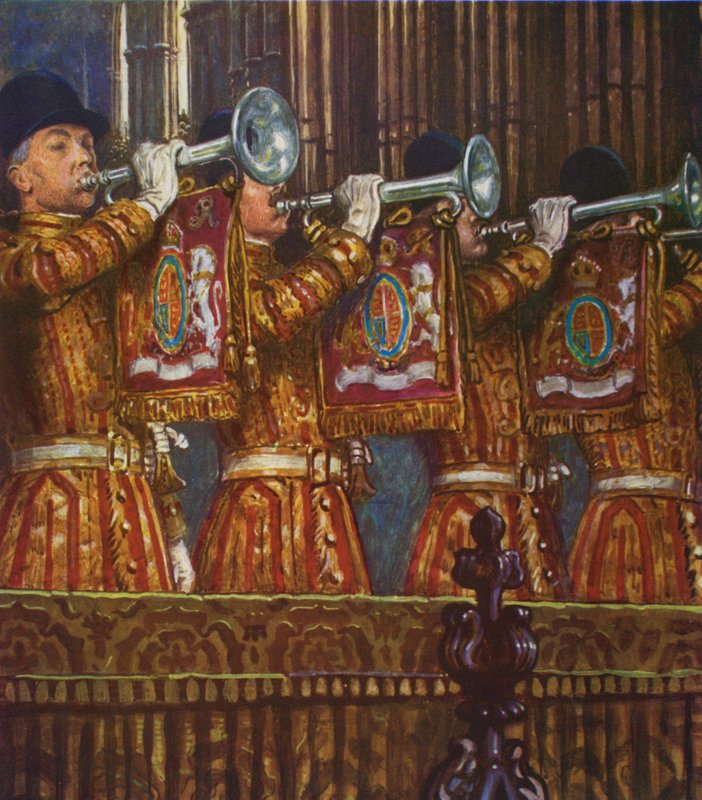 Hanehalkı Süvari Trompetçileri bir tantana sesi çıkarıyor (renkli lito) by Byam (after) Shaw