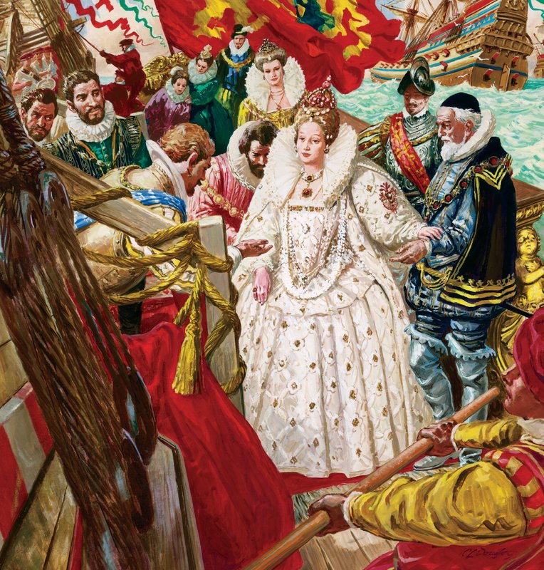 Kraliçe I. Elizabeth (1530-1603), Sir Walter Raleigh (1554-1618) eşliğinde karaya çıkarken (kağıt üzerine guaj) by C.L. Doughty