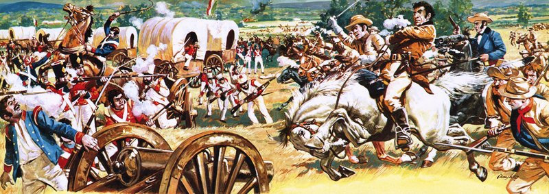Sam Houston beyaz bir atın üzerinde Meksikalılara saldırıyor. by C.L. Doughty