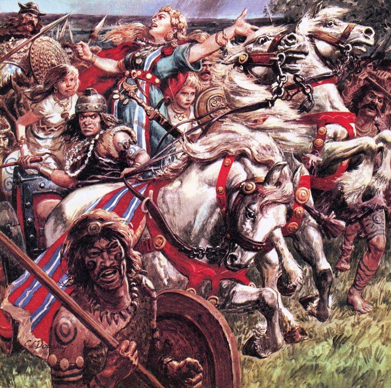 Asi Kraliçe. Boadicea Romalı işgalcilere karşı bir ordu kurdu ve isyan bastırılmadan önce Colchester ve Londra