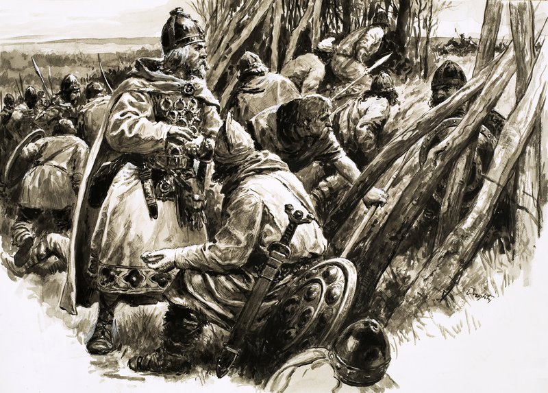 Kral Alfred, küçük bir sadık yandaş grubuyla birlikte bataklıklara çekildi. by C.L. Doughty
