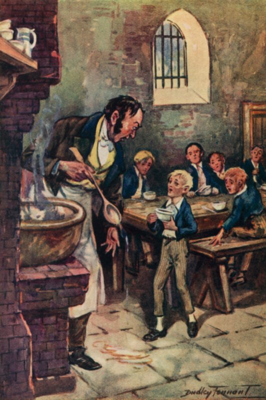 Charles Dickens'ın Oliver Twist çizimi (renkli lito) by C. Dudley (after) Tennant