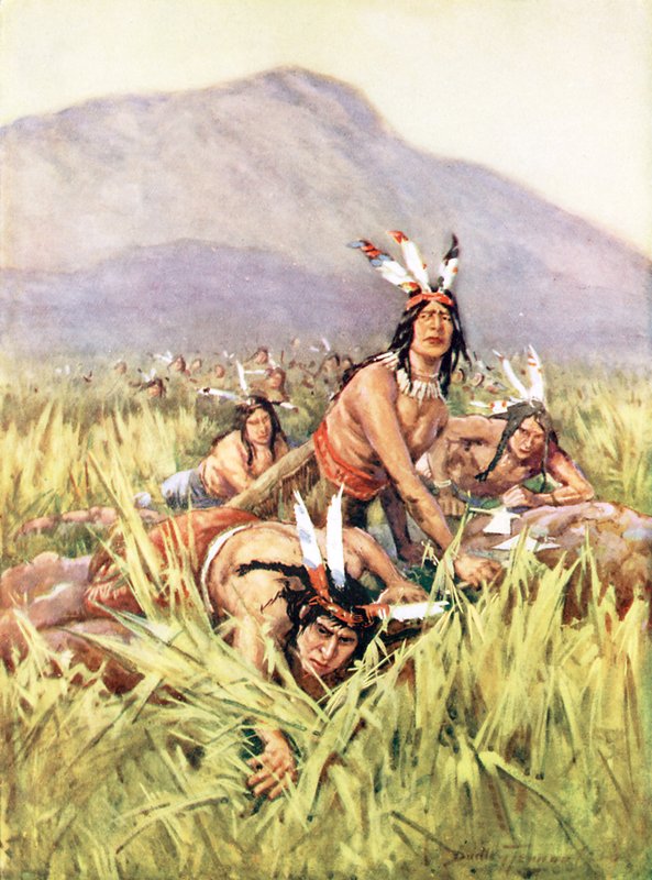 Amerikan Kızılderilileri saldırmak üzere (renkli litho) by C. Dudley Tennant
