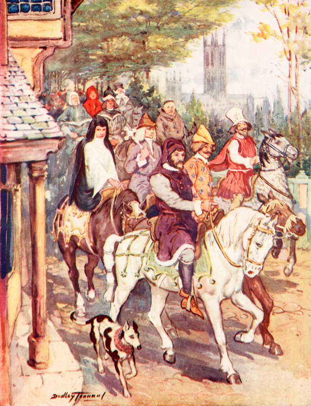 Hacılar ile Canterbury'ye giden Chaucer (renkli litho) by C. Dudley Tennant