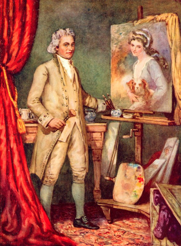 George Romney, Lady Hamilton'ın bir resmini çiziyor (renkli lito) by C. Dudley Tennant
