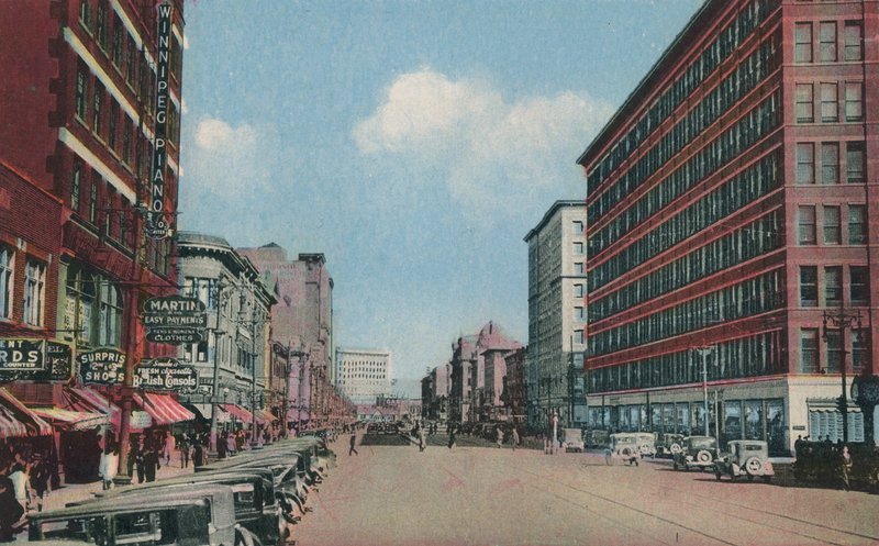 Portage Caddesi doğuya bakıyor, Winnipeg, Manitoba, Kanada (renkli fotoğraf) by Canadian Photographer