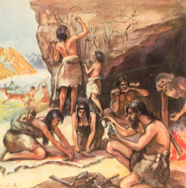 Taş Devri aile mağarası (geliştirilmiş renkli lito) by Carl Arriens