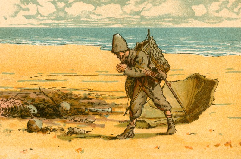 Robinson Crusoe, insan kafatasları ve insan kemikleriyle dolu sahili görüyor by Carl Marr
