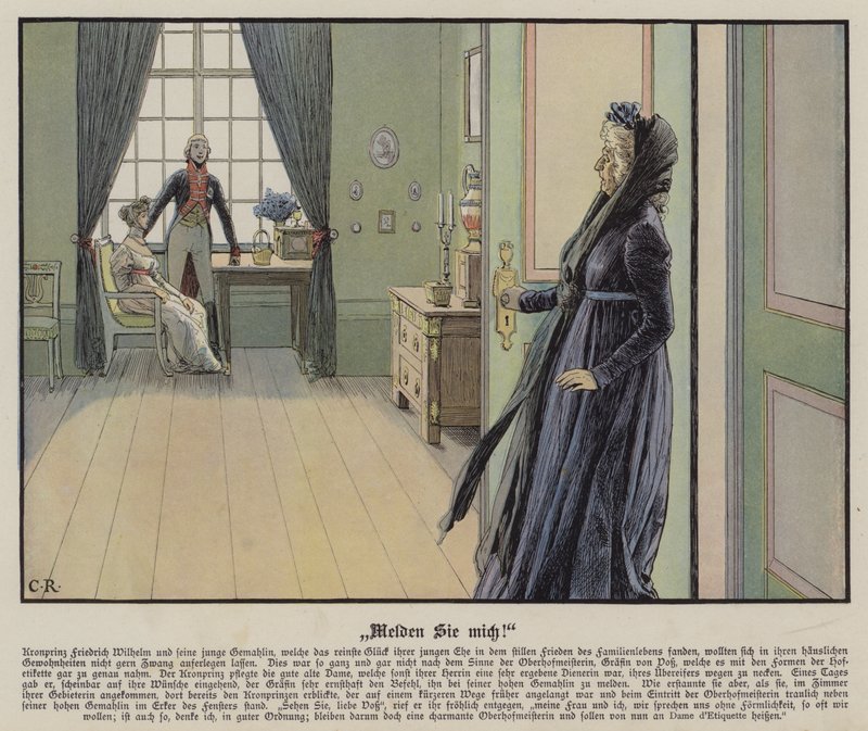 Prusya Veliaht Prensi Frederick ve genç karısı Prenses Louise, Voss Kontesi'nin (renkli lito) isteklerine karşı gayri resmi bir şekilde bir araya geldiler. by Carl Röchling
