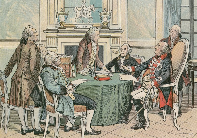Frederick William II, Prusya Kralı (1744-1797) Prusya Genel Medeni Kanunu üzerine bir istişare sırasında (yaklaşık 1790) by Carl Rohling