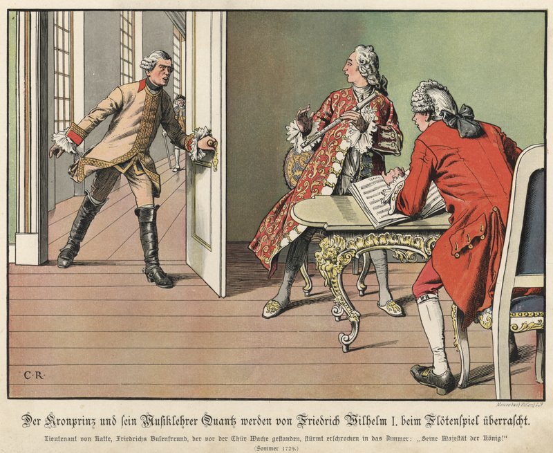 Crown Prince Frederick of Prussia surprised by his father, the king, while at flute practice  by Carl Röchling