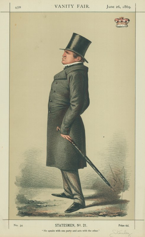 Lord Stanley, Bir tarafla konuşuyor ve diğeriyle hareket ediyor, 26 Haziran 1869, Vanity Fair karikatürü by Carlo Pellegrini
