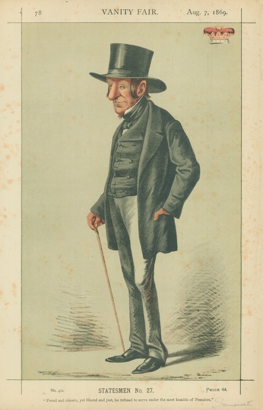 Somerset Dükü, Gururlu ve samimi ama yine de liberal ve o, Premierlerin bu en alçakgönüllülüğü altında hizmet etmeyi reddetti, 7 Ağustos 1869, Vanity Fair karikatürü by Carlo Pellegrini