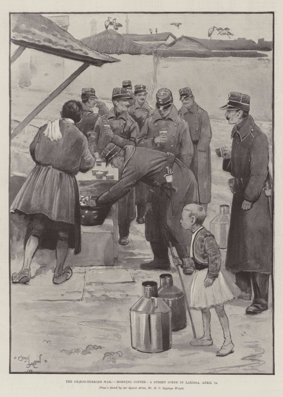 Yunan-Türk Savaşı, Sabah Kahvesi, Larissa'da Bir Sokak Manzarası, 19 Nisan by Cecil Charles Windsor Aldin