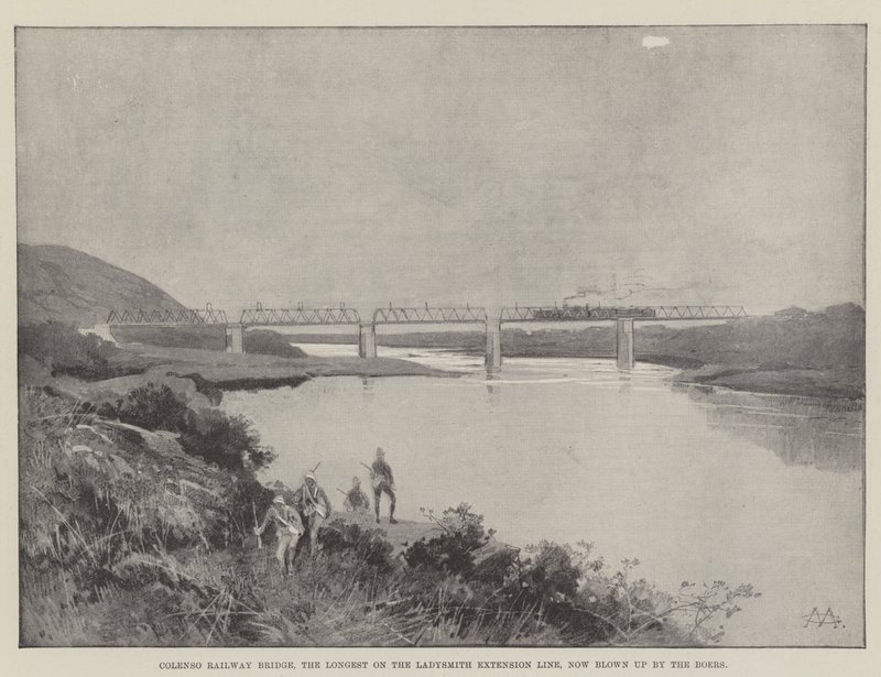Colenso Railway Bridge, the Longest on the Ladysmith Extension Line, now blown up by the Boers  by Charles Auguste Loye