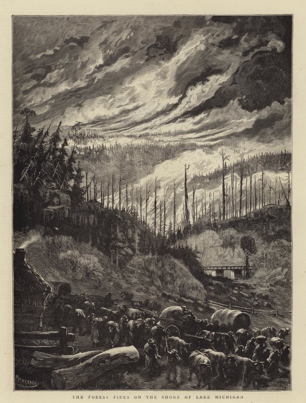 Michigan Gölü Kıyısında Orman Yangınları by Charles Auguste Loye
