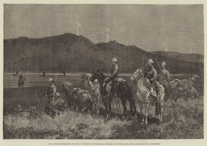 Tunus'a Fransız Seferi, Chasseurs D'Afrique'nin Karakolu, Khroumirlerin İşaret Ateşlerini İzliyor by Charles Auguste Loye