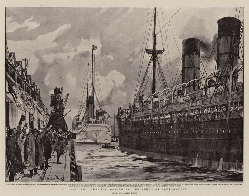 Sonunda, Aurania Southampton'daki Rıhtımına geliyor by Charles Edward Dixon