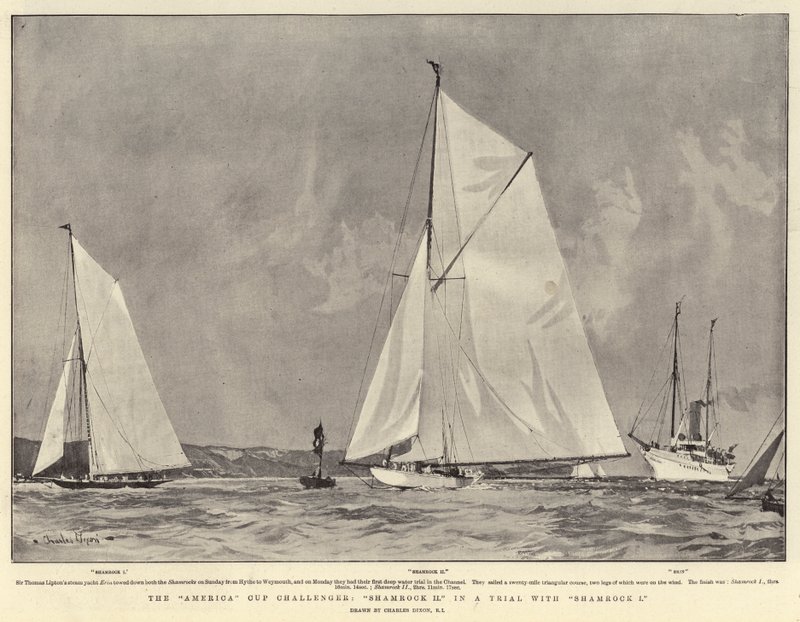 America Cup Challenger, Shamrock II, Shamrock I ile Yargılanıyor by Charles Edward Dixon