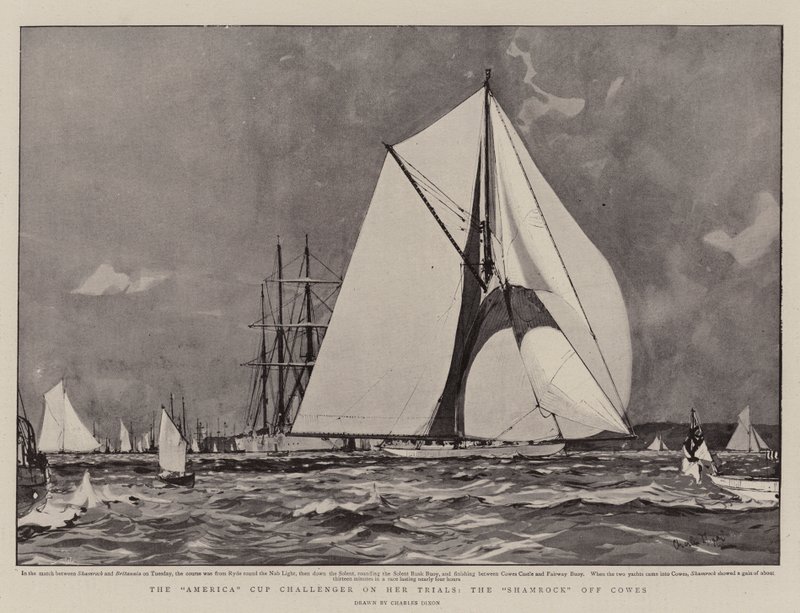 Denemelerinde America Cup Challenger, Cowes kapalı Shamrock by Charles Edward Dixon