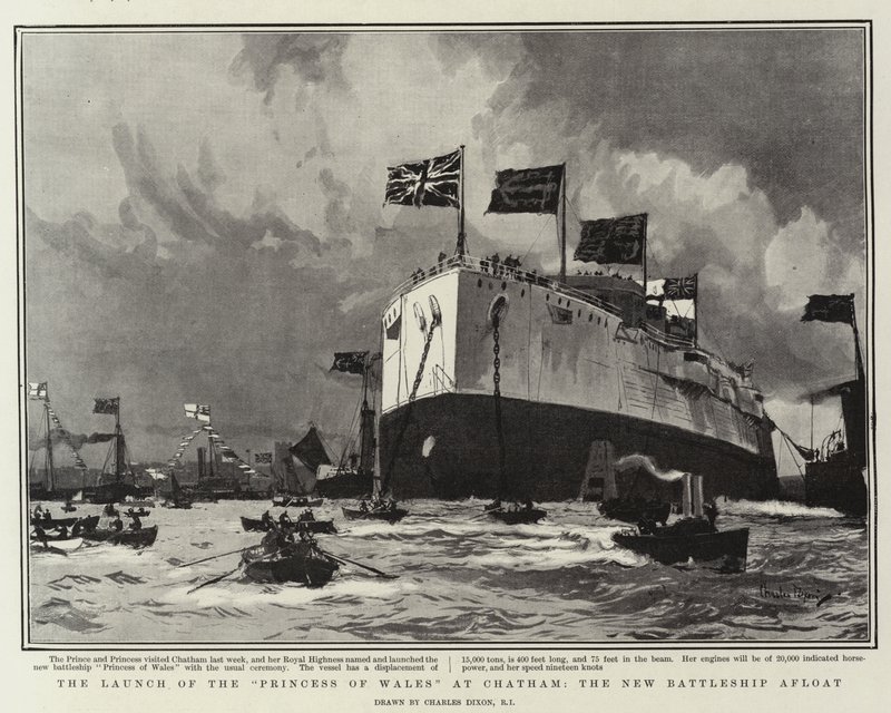 Yeni Denizde Savaş Gemisi Chatham'da Galler Prensesi'nin Fırlatılışı by Charles Edward Dixon