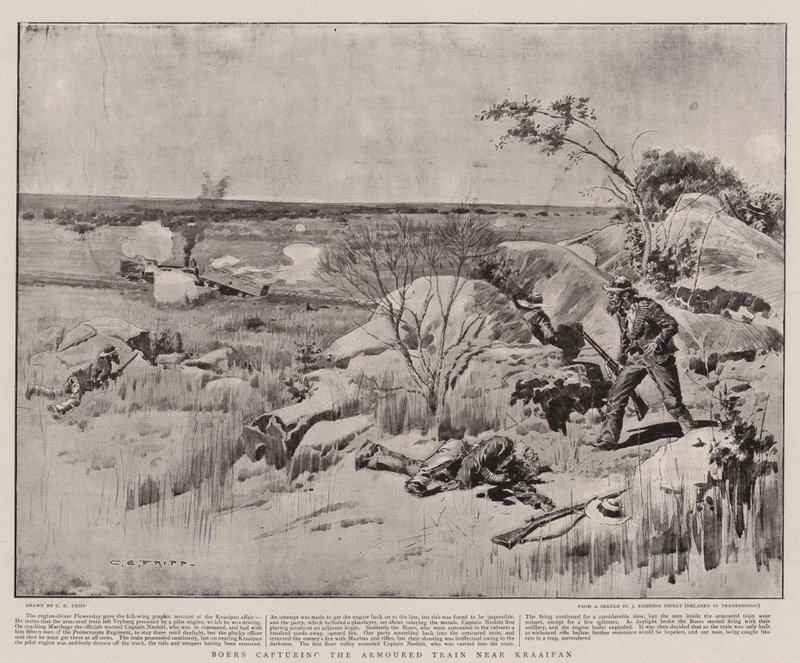 Boers, Kraaipan yakınlarındaki Zırhlı Treni ele geçirdi by Charles Edwin Fripp