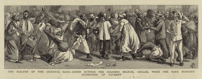 Oriental Bank'ın Arızası, Kolombo Şubesi Dışındaki Sahne, Seylan, Banka Ödemenin Askıya Alındığını Bildirdiğinde by Charles Edwin Fripp