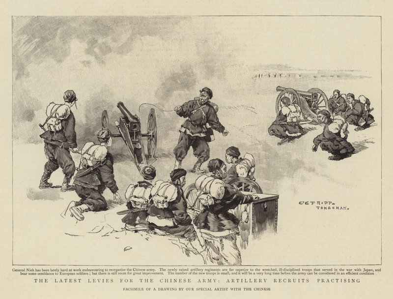 Çin Ordusu için En Son Harçlar, Topçu Askerleri pratik yapıyor by Charles Edwin Fripp