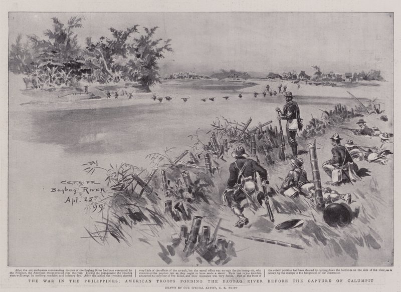 Filipinler'deki Savaş, Calumpit'in Yakalanmasından önce Bagbag Nehri'ni geçen Amerikan Birlikleri by Charles Edwin Fripp