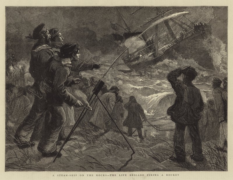 Kayaların Üzerinde Bir Buharlı Gemi, Bir Roket Ateşleyen Yaşam Tugayı by Charles J. Staniland