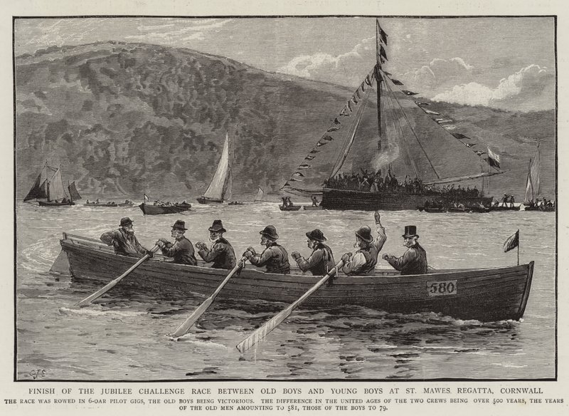 Finish of the Jubilee Challenge Race between Old Boys and Young Boys at St Mawes Regatta, Cornwall  by Charles J. Staniland