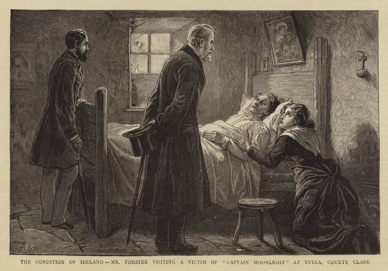 İrlanda'nın Durumu, Bay Forster, Clare County Tulla'da Kaptan Ay Işığı Kurbanını ziyaret ediyor by Charles J. Staniland