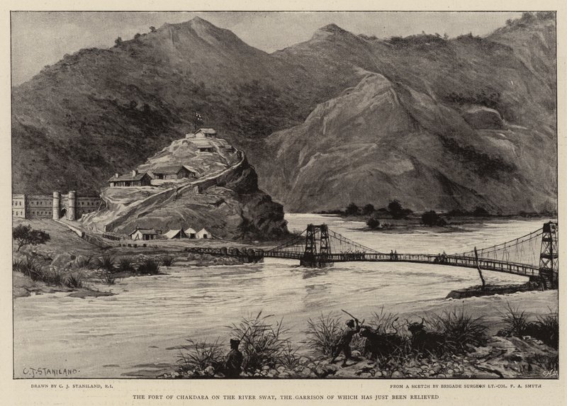 Garnizonu yeni kurtarılan Swat Nehri üzerindeki Chakdara Kalesi by Charles J. Staniland