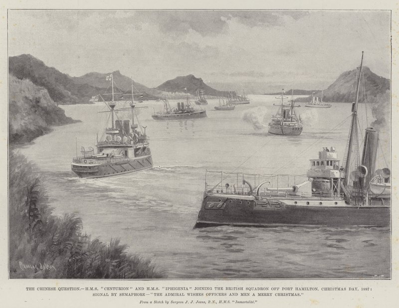 Çin Sorunu, HMS Centurion ve HMS Iphigenia, Port Hamilton açıklarında İngiliz Filosuna katılıyor, Noel Günü, 1897, Signal by Semaphore, Amiral Subaylara ve Erkeklere Mutlu Noeller diler by Charles John de Lacy