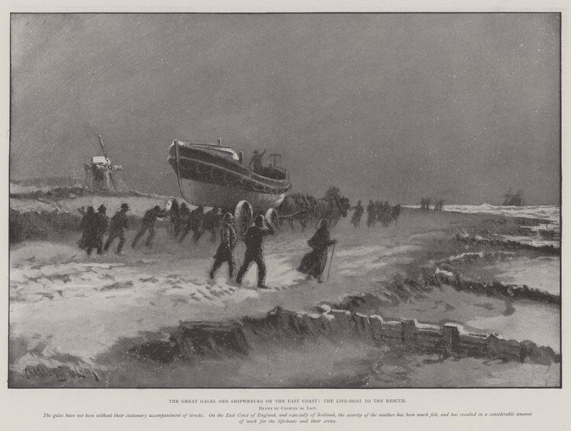 Doğu Kıyısındaki Büyük Fırtınalar ve Gemi Enkazları, Kurtarmaya Giden Cankurtaran Teknesi by Charles John de Lacy