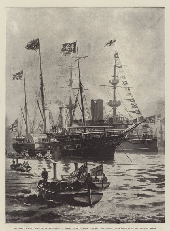 Donanma İncelemesi, Galler Prensi tarafından karşılanacak Kraliyet Yatı Victoria ve Albert'e binen Bayrak Subayları by Charles John de Lacy