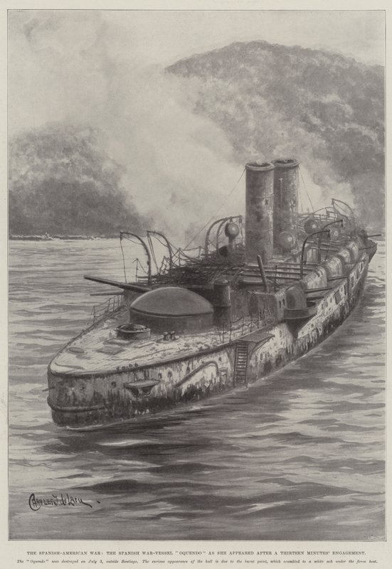 İspanyol-Amerikan Savaşı, İspanyol Savaş Gemisi Oquendo, On Üç Dakikalık Bir Nişandan sonra ortaya çıktı. by Charles John de Lacy