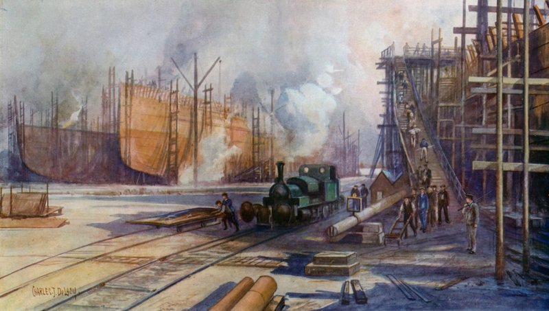 A great shipyard - a busy scene  by Charles John de after Lacy