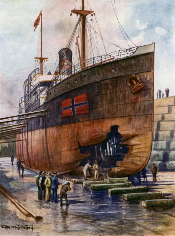 A tramp steamer in dry dock  by Charles John de after Lacy