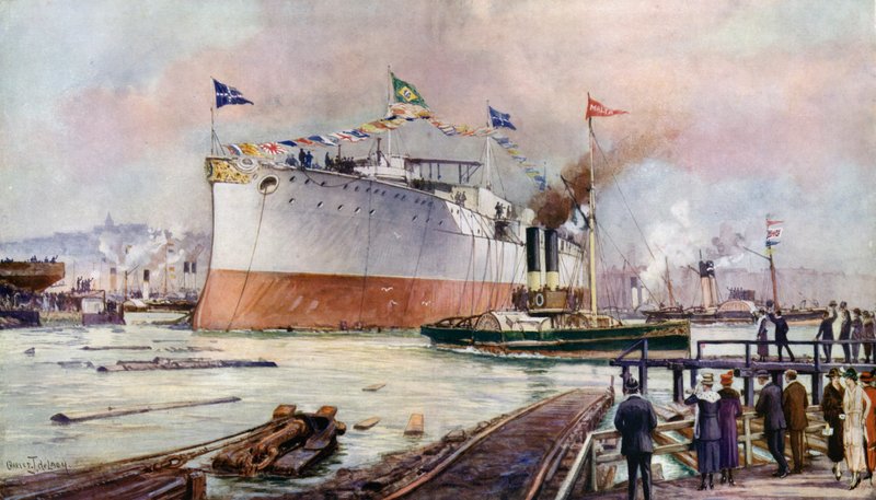 The launching of a battleship  by Charles John de after Lacy