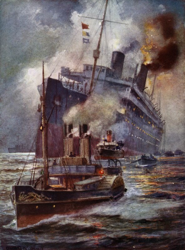 Torpedoed liner assisted into port  by Charles John de after Lacy